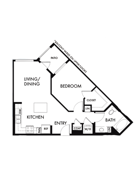 Floor plan for 1 bed, 1 bath, 723 sqft